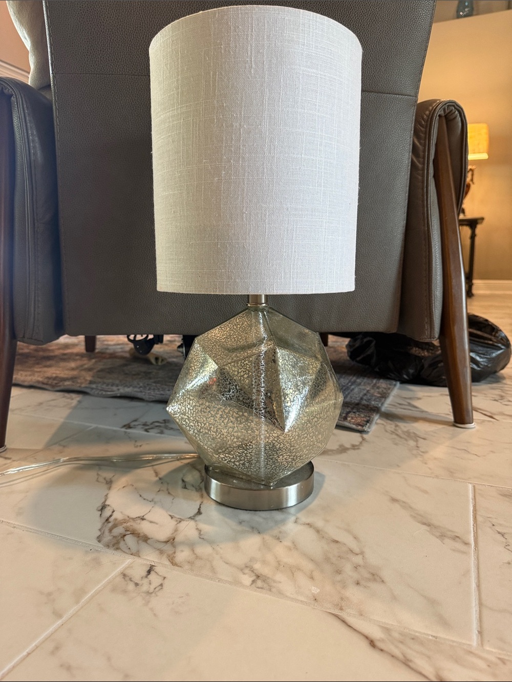 Metallic Geometric Table Lamp with White Drum Shade